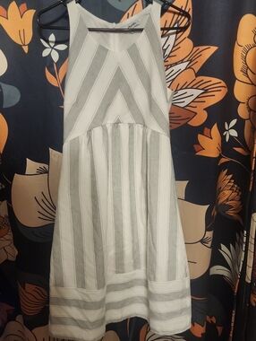 White & Gray Striped Sleeveless Dress